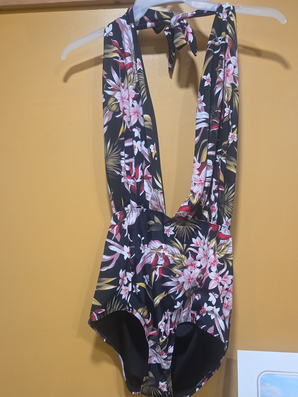 COCOSHIP Black Floral Halter One-Piece Swimsuit with Pink & Yellow Accents
